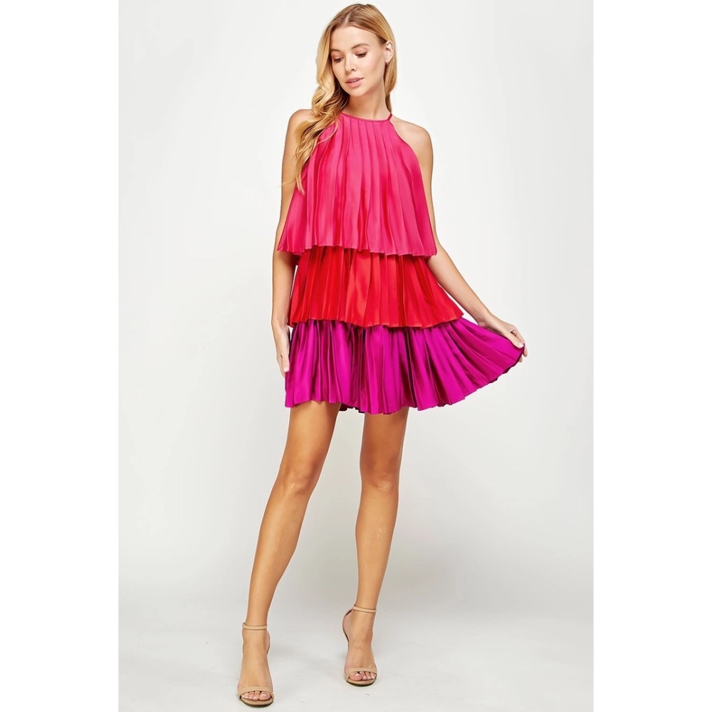 Pink Color Blocked Satin Tiered Mini Dress
